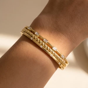 Rope Twist And Baguette Cz Triple Row Bangle