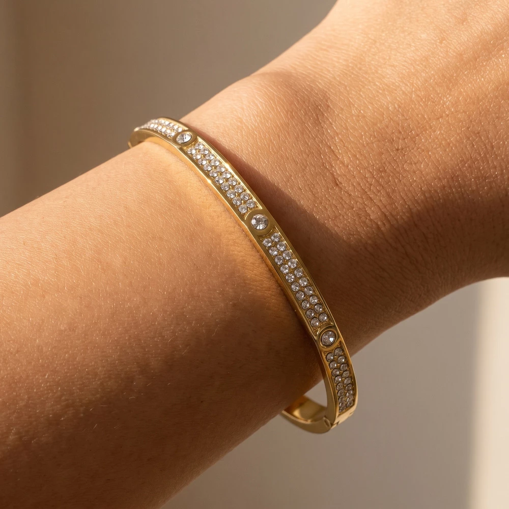 Double Row Pave Cz Slim Hinged Bangle