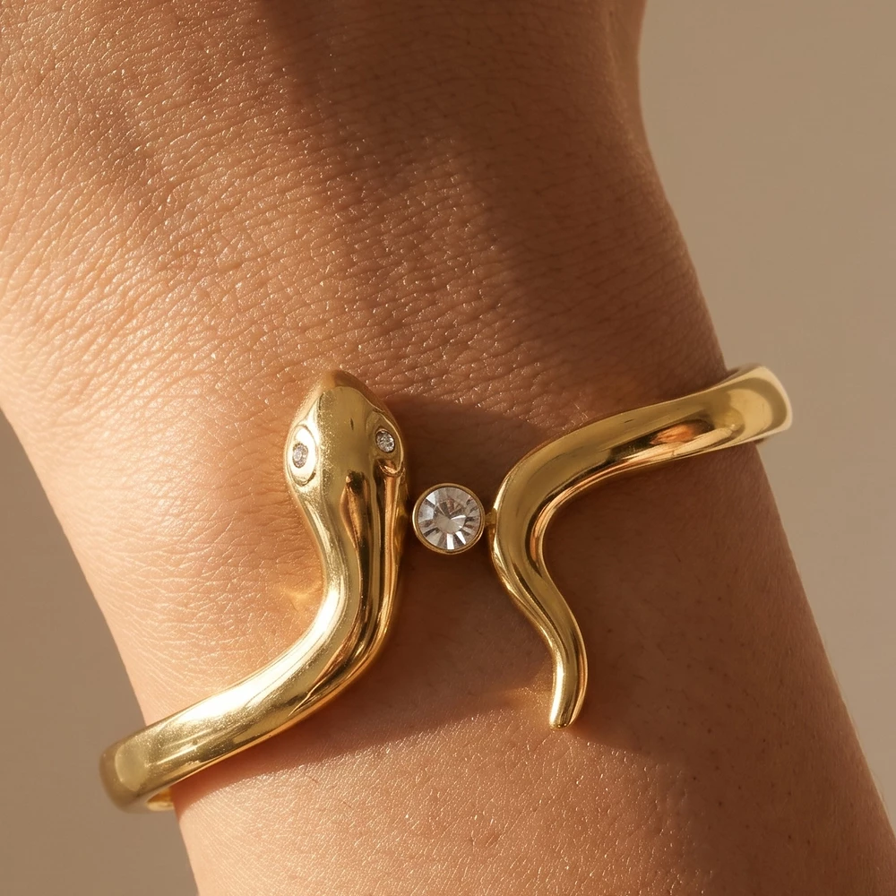 Stainless Steel Snake Bangle With Crystal Accent