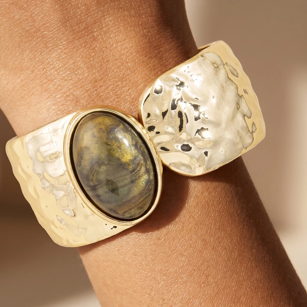 Hammered Wide Hinged Cuff Bracelet With Oval Stone
