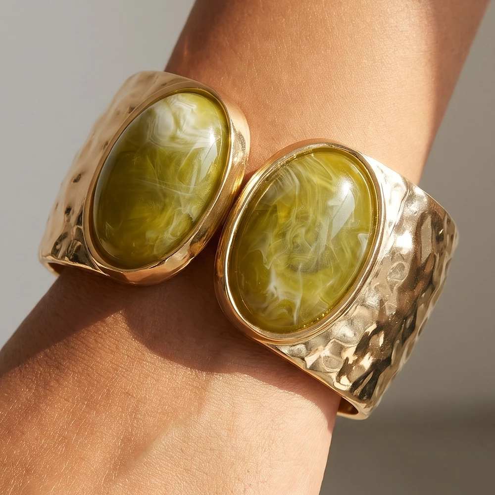 Hammered Double Oval Cabochon Hinged Cuff Bracelet