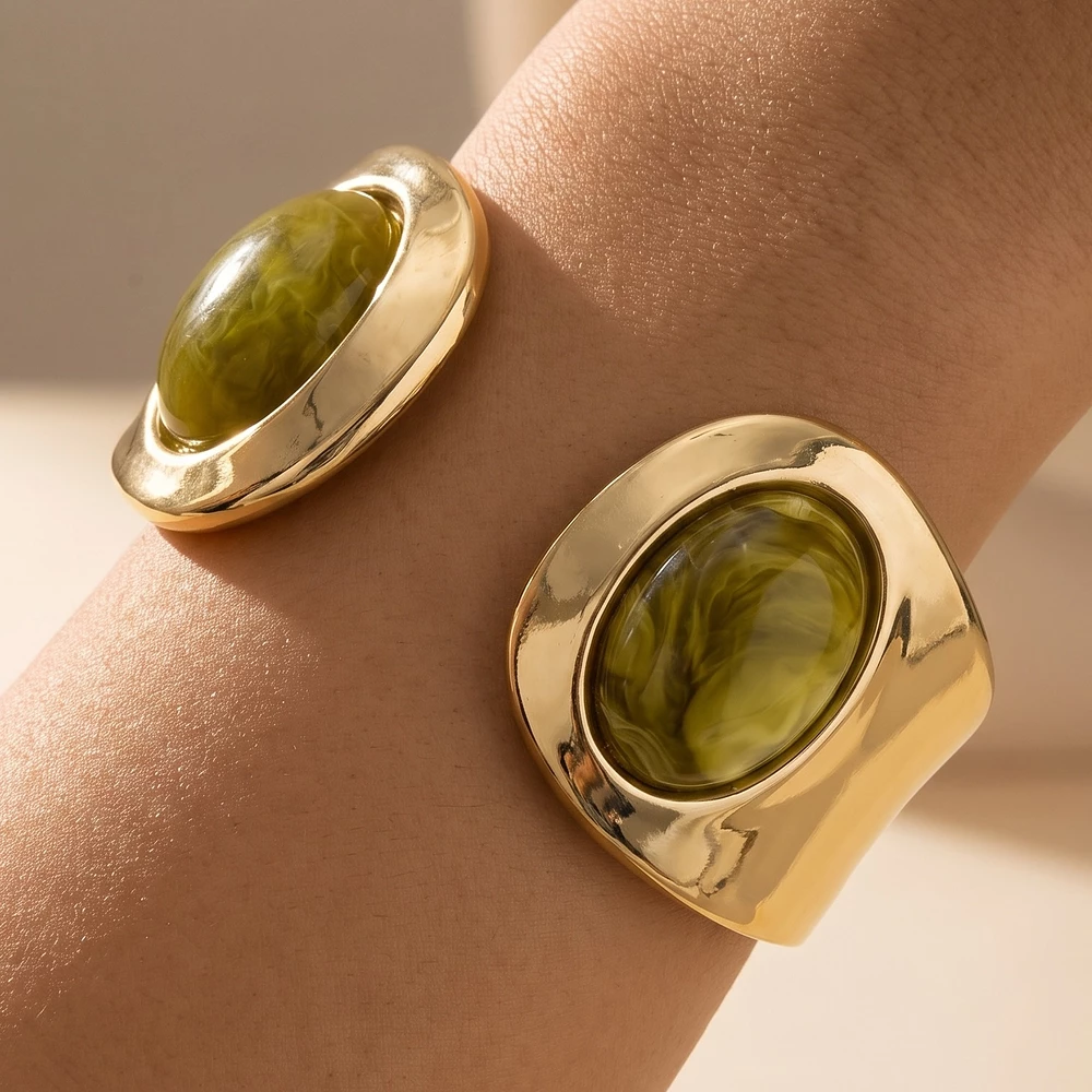 Oval Cabochon Open Hinged Cuff Bracelet
