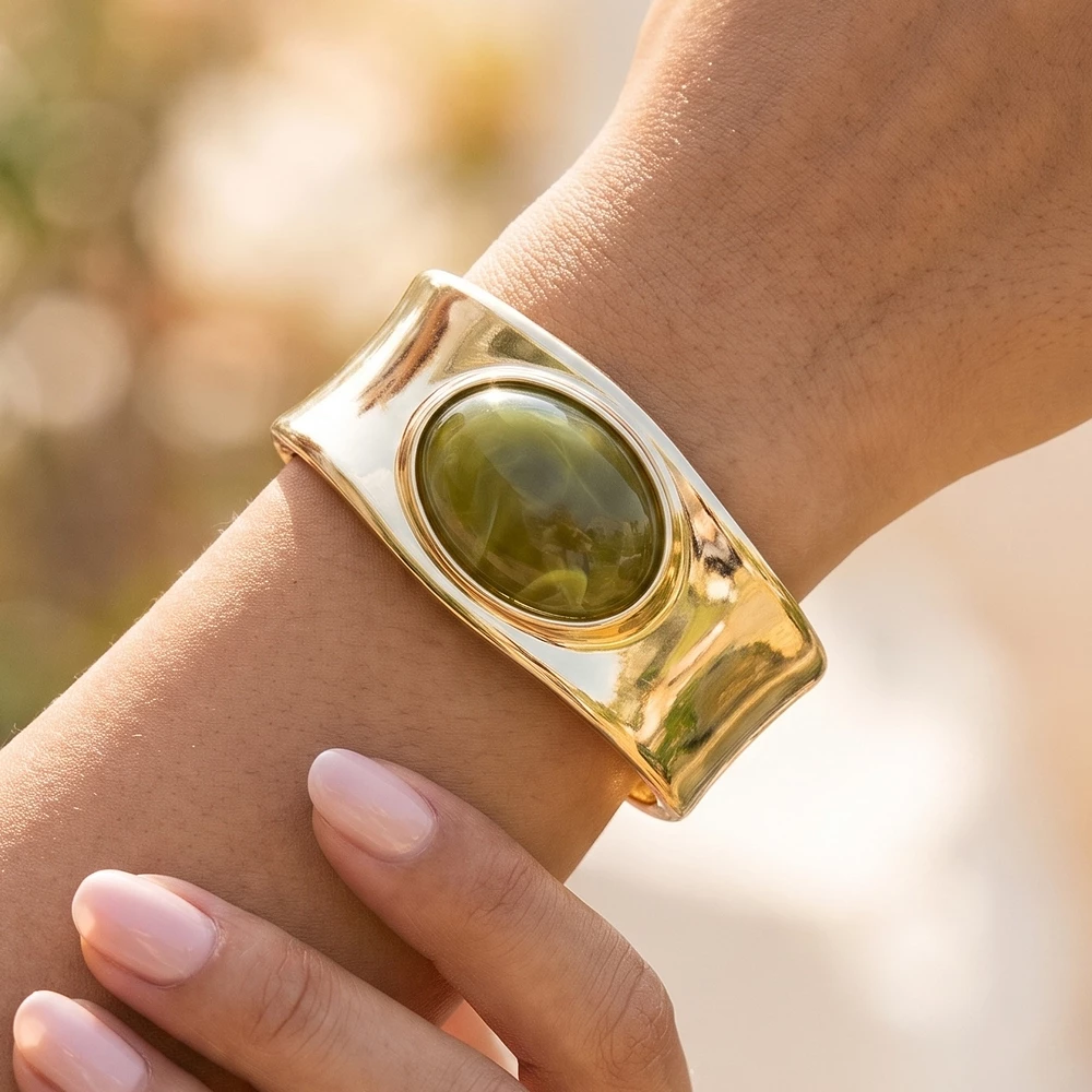 Smooth Wide Hinged Cuff Bracelet With Oval Stone