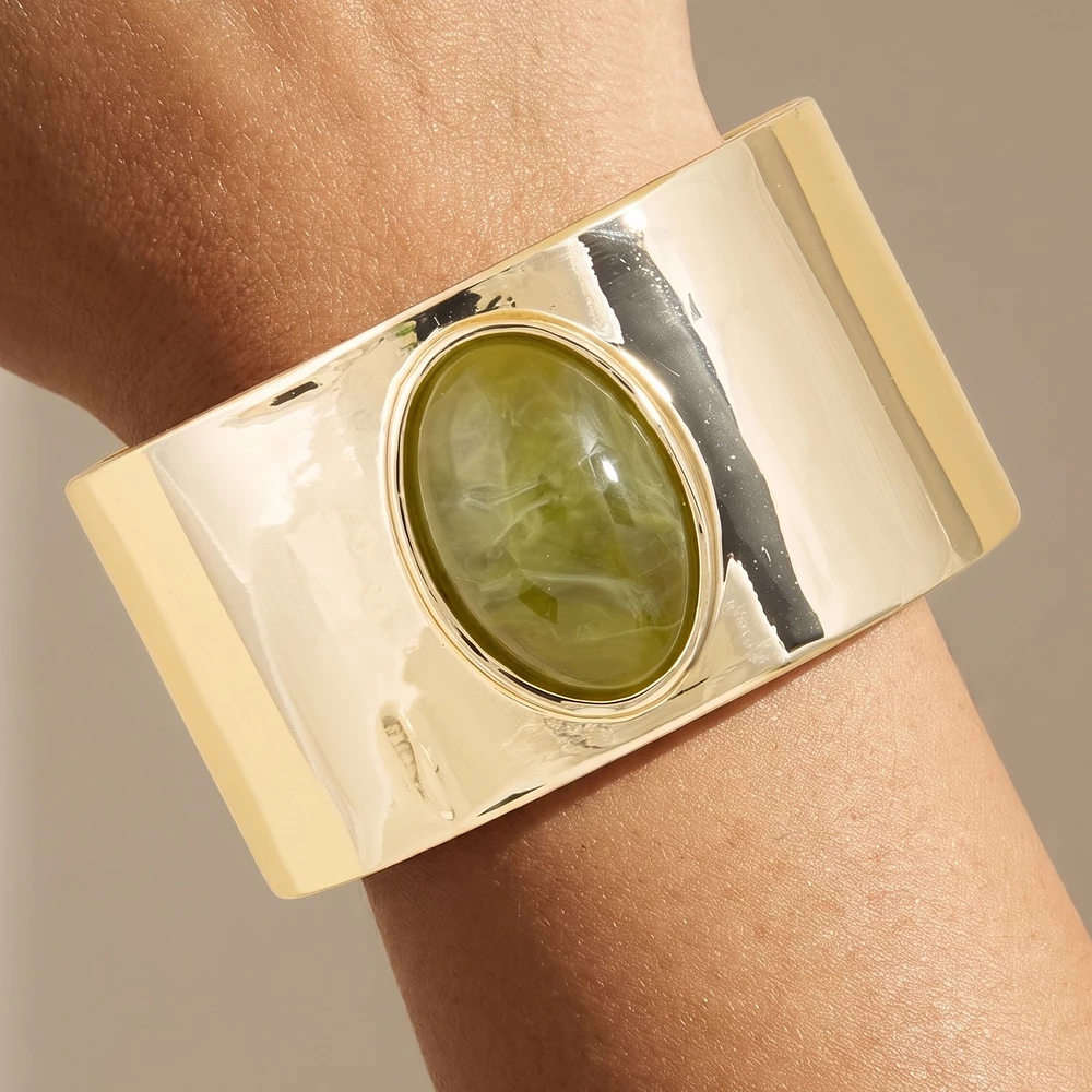 Wide Polished Oval Cabochon Hinged Cuff Bracelet