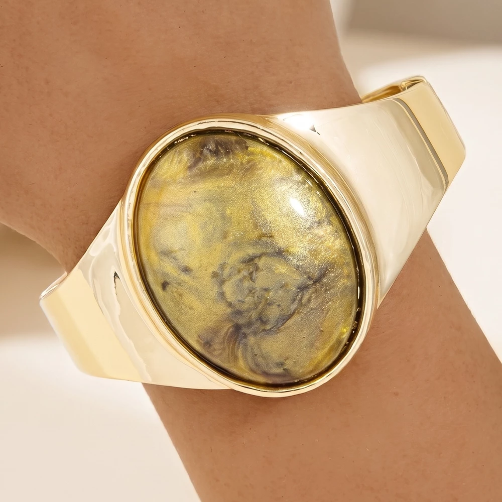 Oval Cabochon Signet Style Hinged Cuff Bracelet