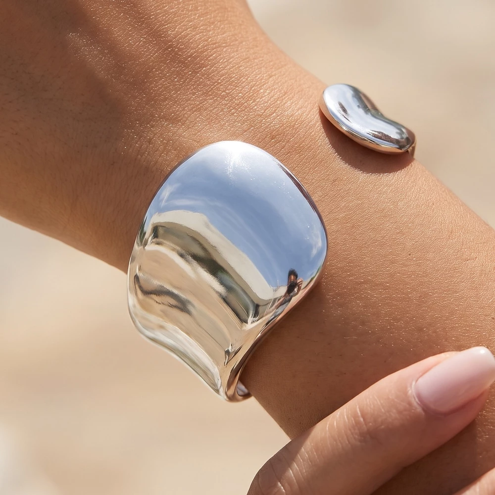 Wide Wave Asymmetric Open Cuff Bracelet