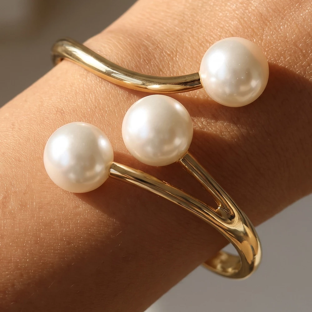 Triple Pearl Wrap Open Cuff Bracelet