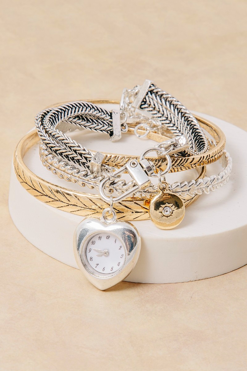 Chain Link Bangle Bracelet And Heart Watch Set