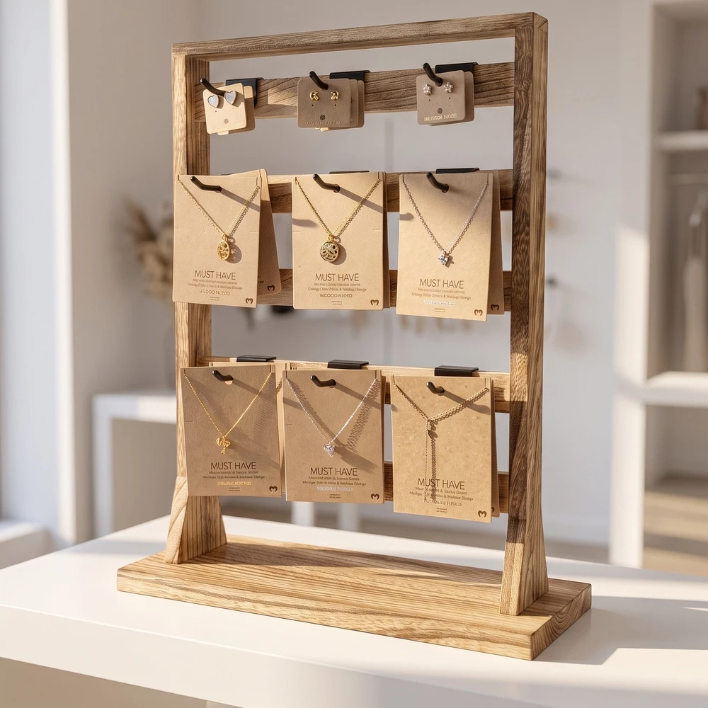 Wood Jewelry Card Display Stand With Twenty Hooks