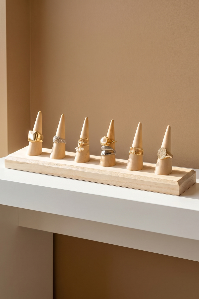 Natural Wood Six Finger Ring Cone Display Stand