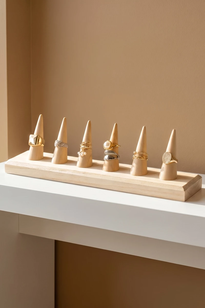 Natural Wood Six Finger Ring Cone Display Stand