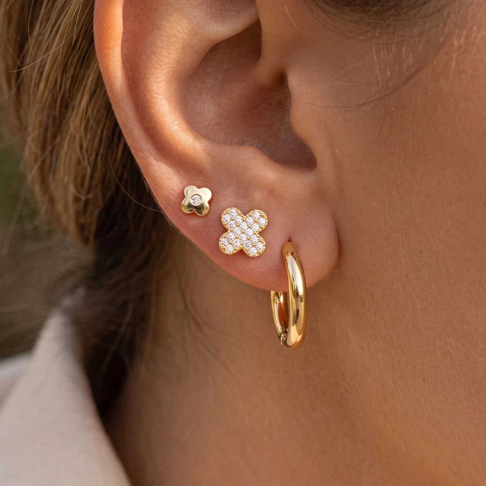 3 Pair Clover Cz Stud And Oval Hoop Earring Set