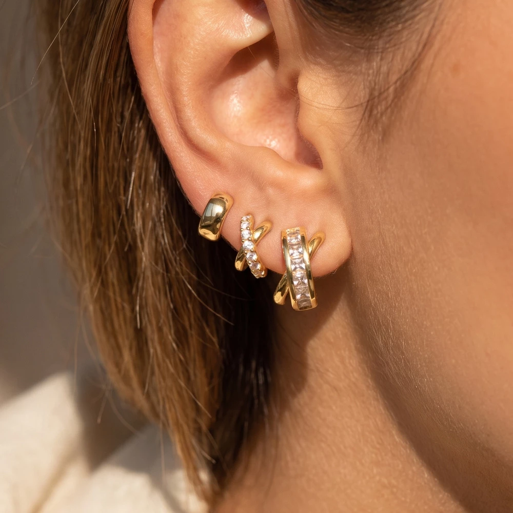 3 Pair Crossover Cz Huggie Stud Earring Set