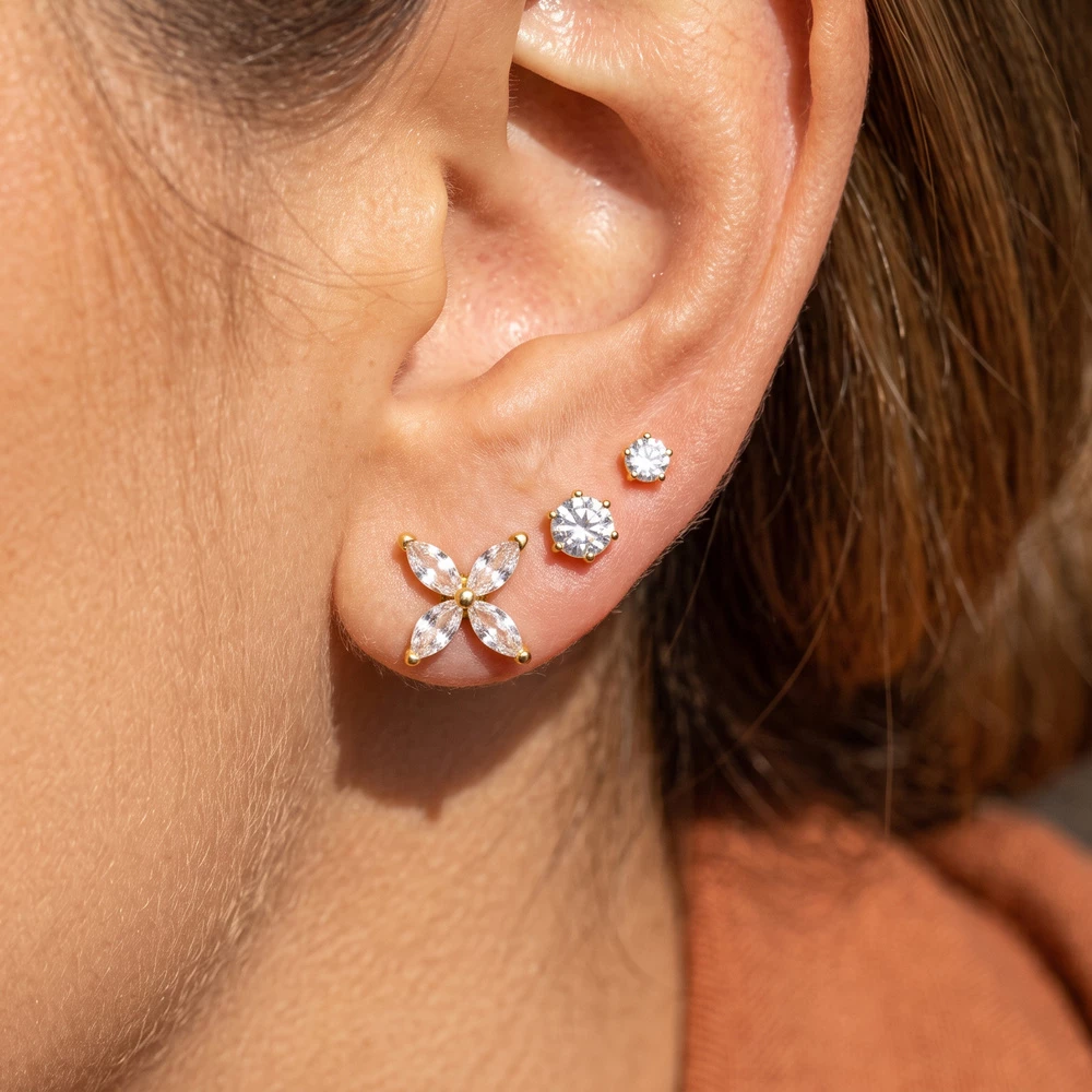 3 Pair Solitaire And Flower Cz Stud Earring Set