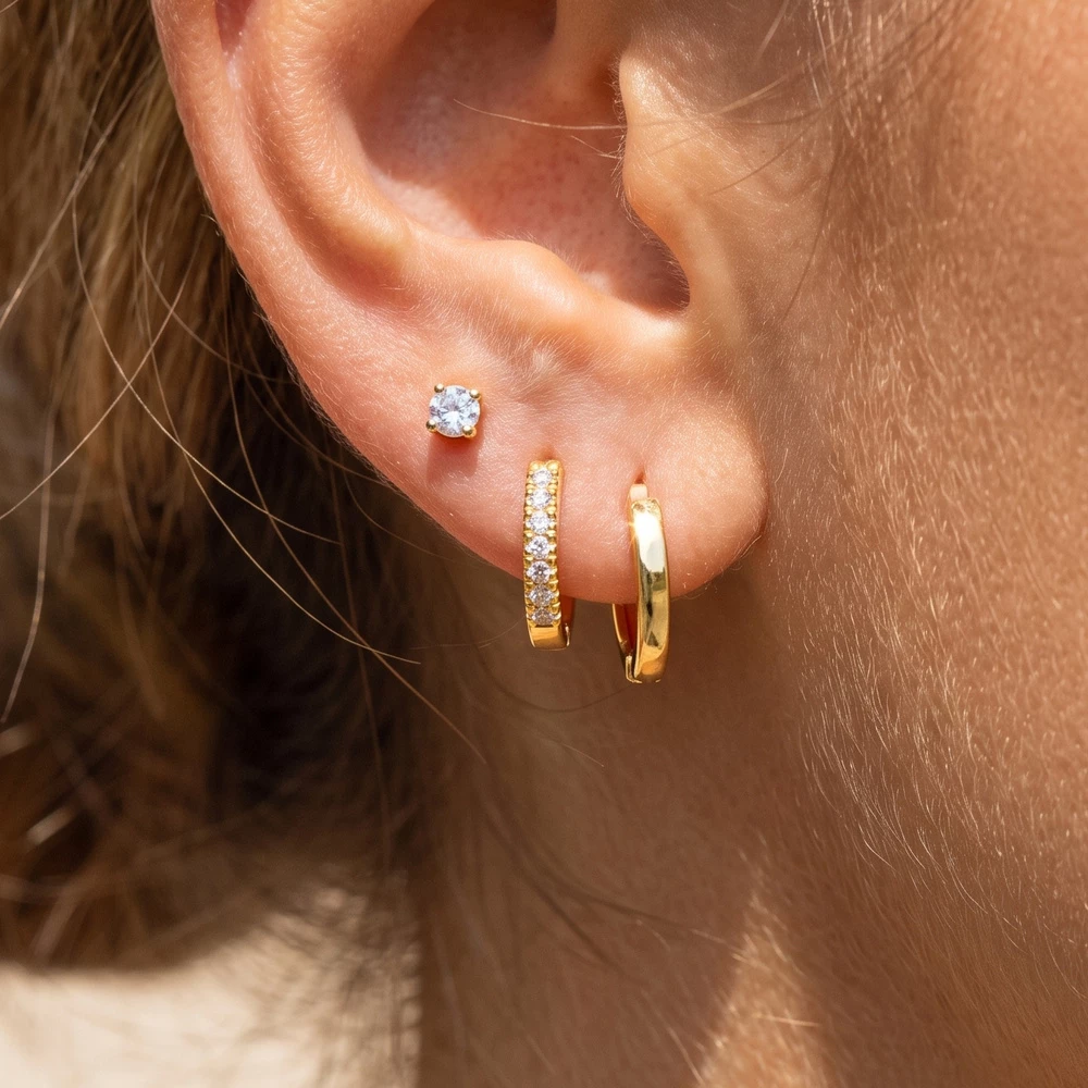 3 Pair Cz Stud Pave And Plain Huggie Earring Set