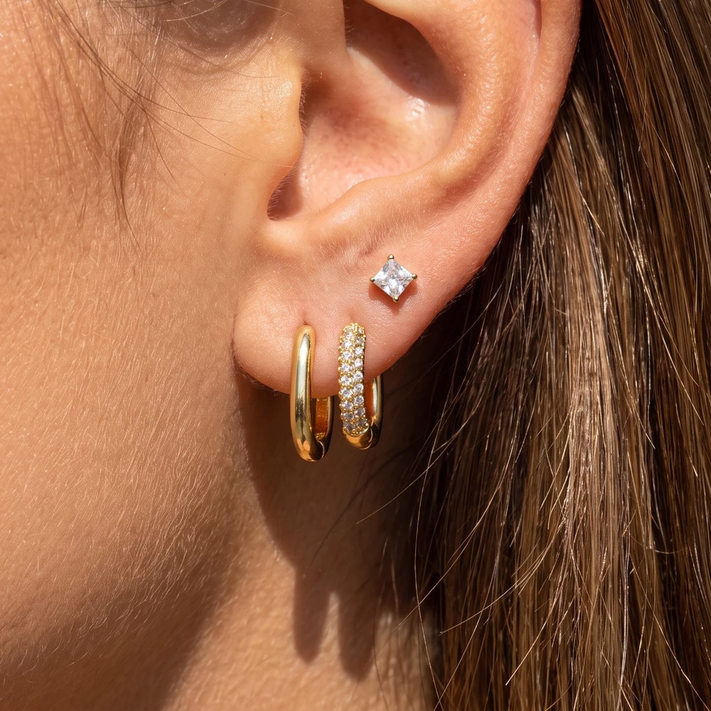 3 Pair Princess Cz And Oval Huggie Hoop Earring Set