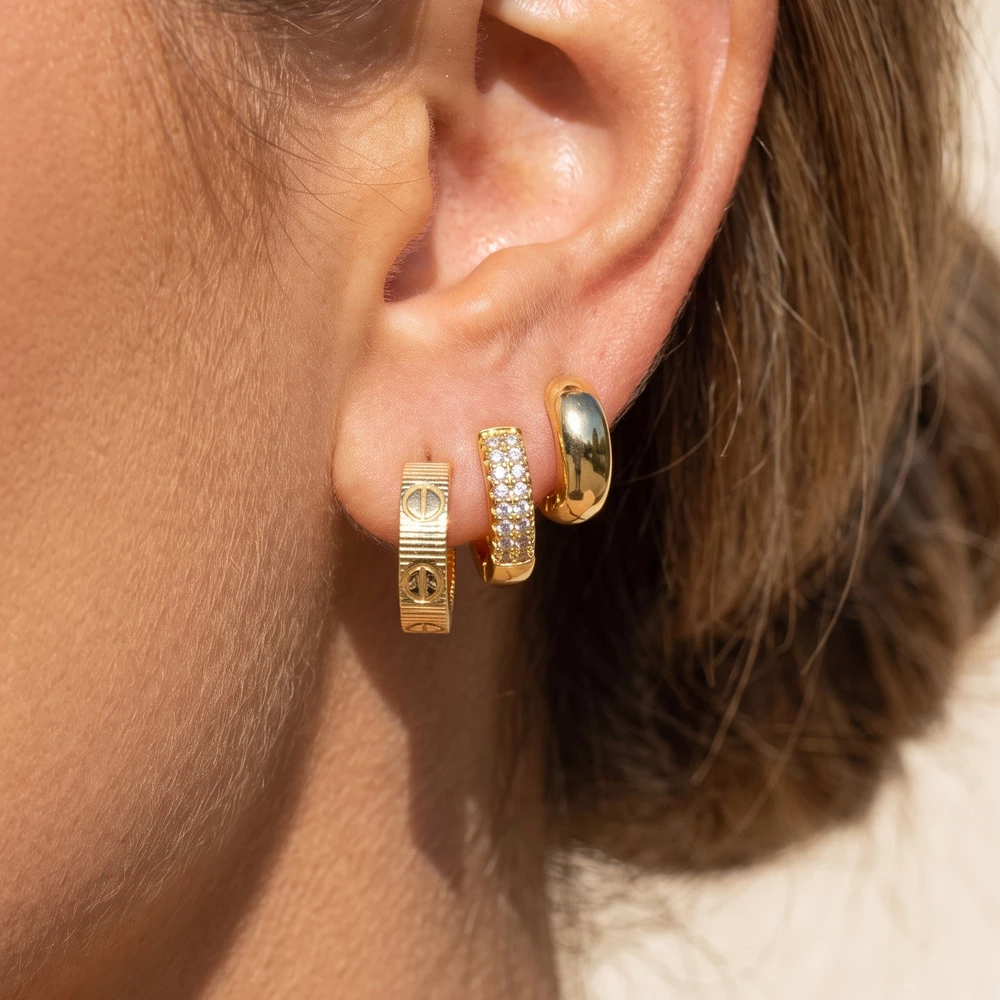 3 Pair Screw Motif And Pave Huggie Hoop Earring Set