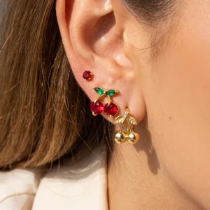 3 Pair Cherry And Solitaire Cz Stud Earring Set