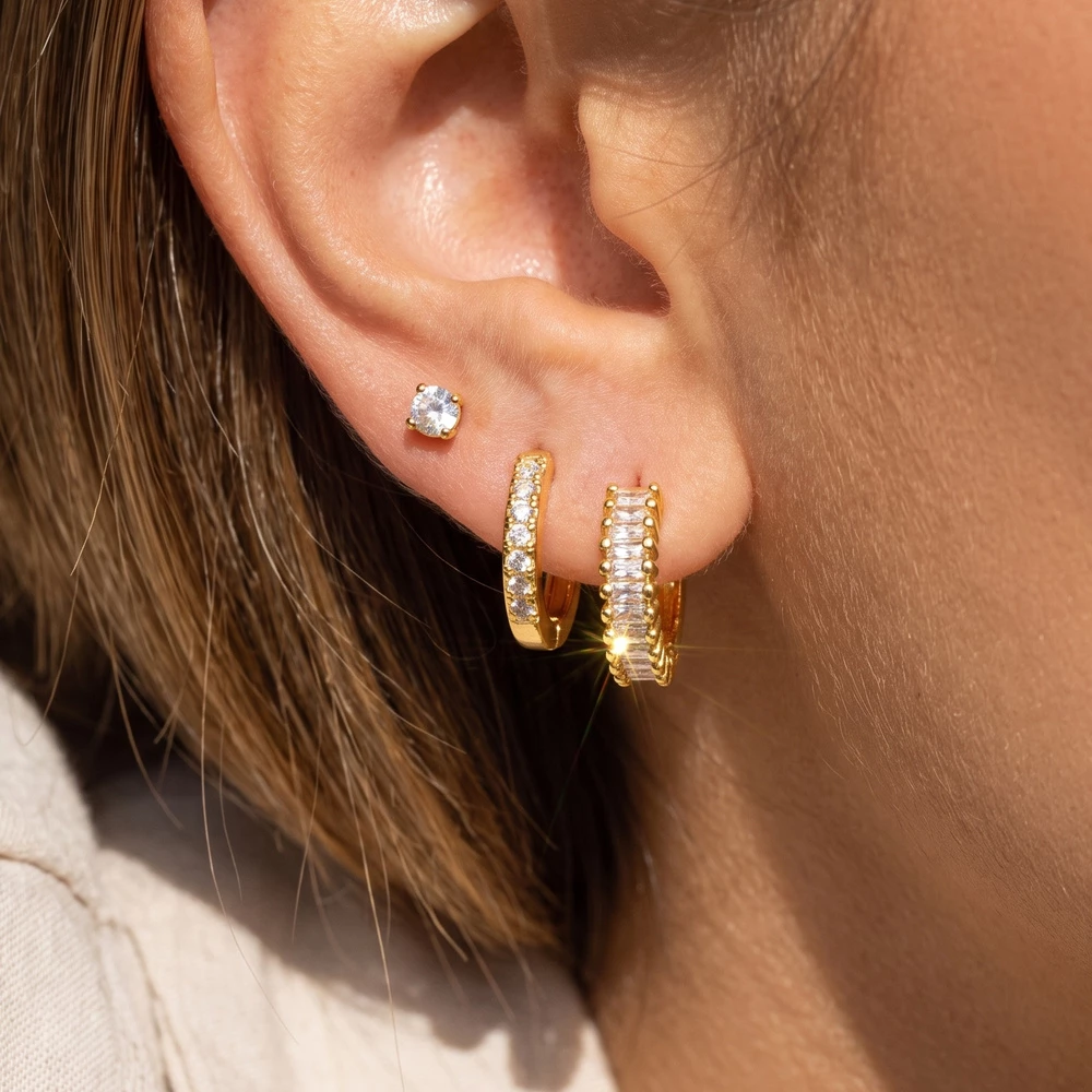 3 Pair Sunburst Baguette Cz Huggie Earring Set