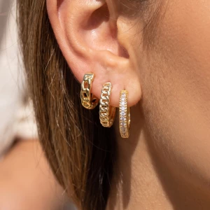 3 Pair Curb Chain And Pave Huggie Hoop Earring Set