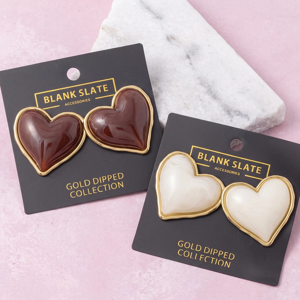 Gold Dipped Puffed Heart Cabochon Stud Earrings