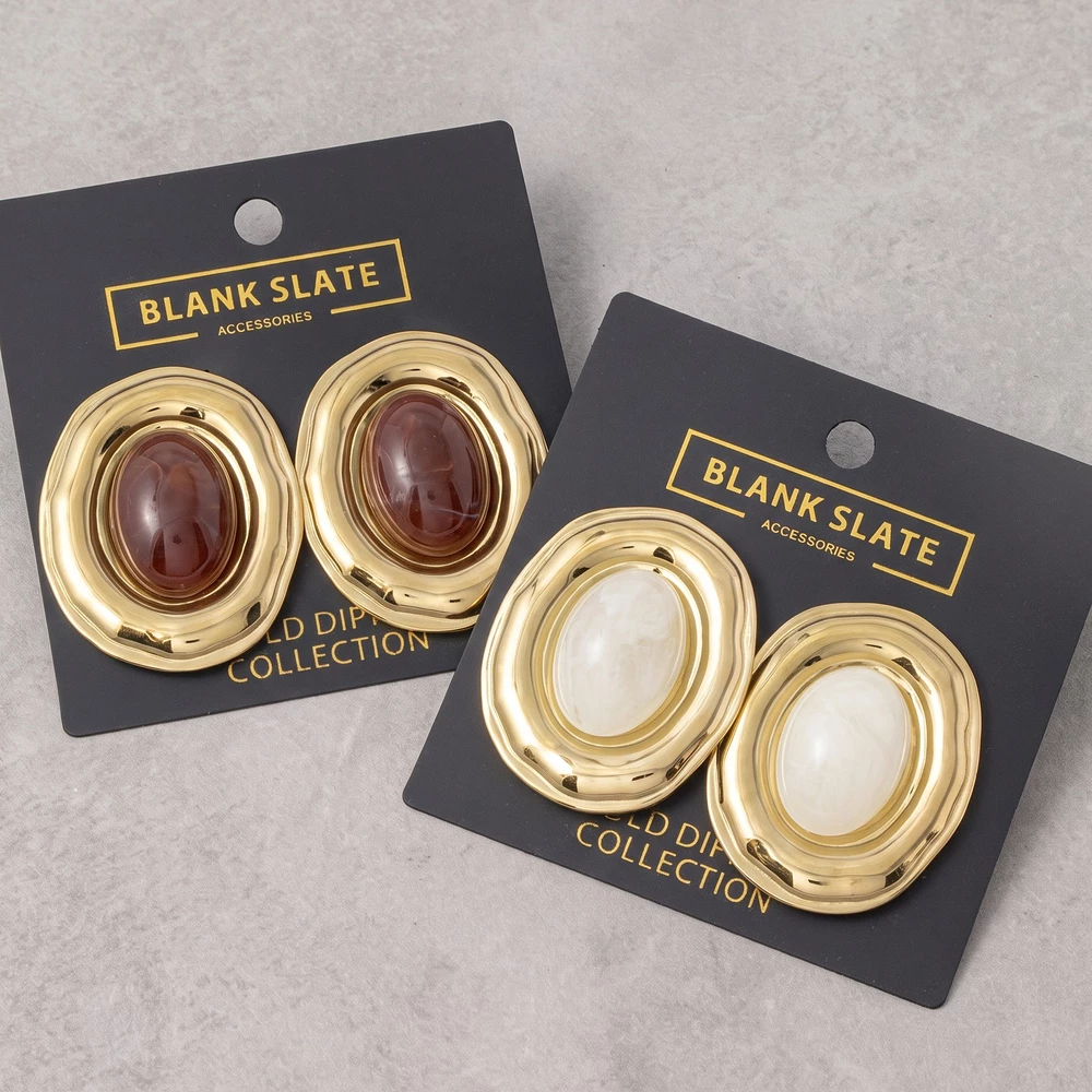 Gold Dipped Oval Cabochon Wide Frame Stud Earrings