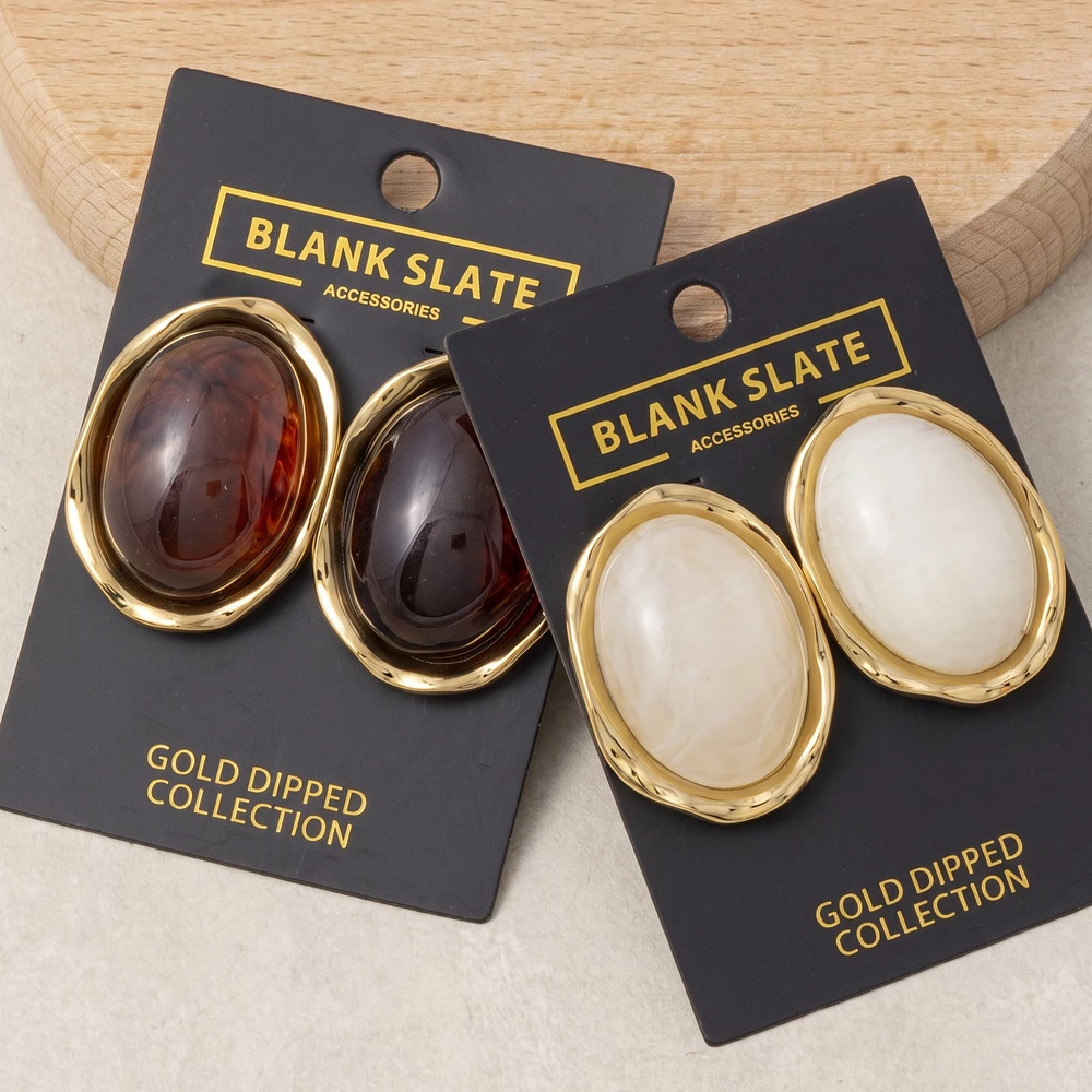 Gold Dipped Oval Cabochon Wavy Bezel Stud Earrings