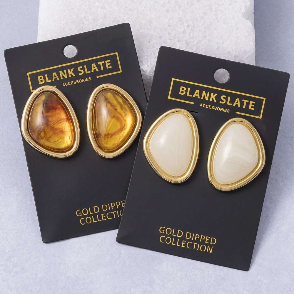 Gold Dipped Marbled Organic Oval Cabochon Stud Earrings