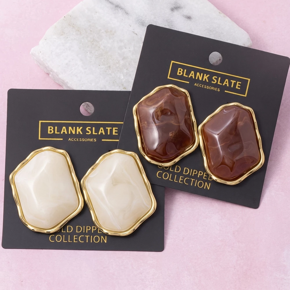 Gold Dipped Marbled Octagon Cabochon Stud Earrings