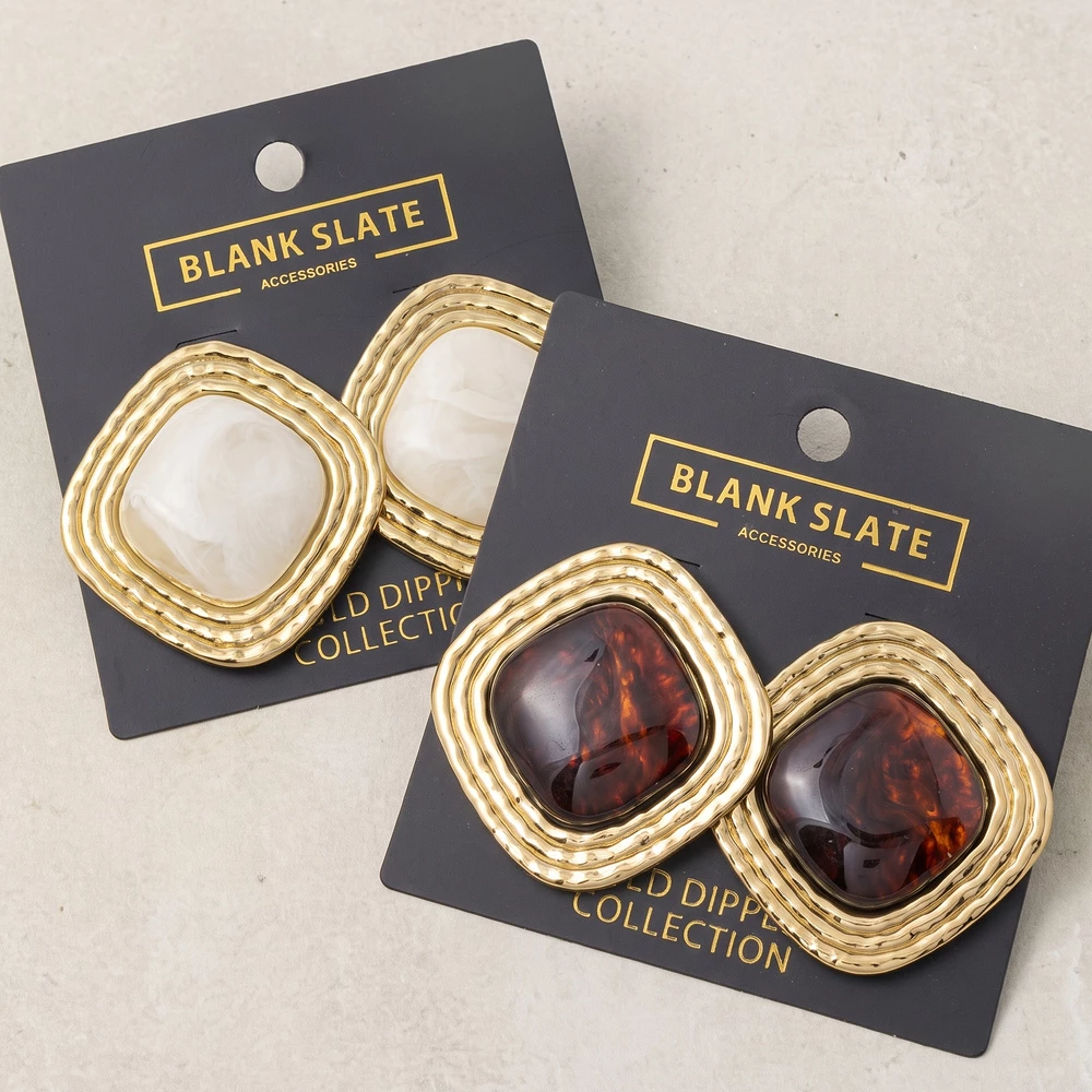 Gold Dipped Ridged Rhombus Cabochon Stud Earrings