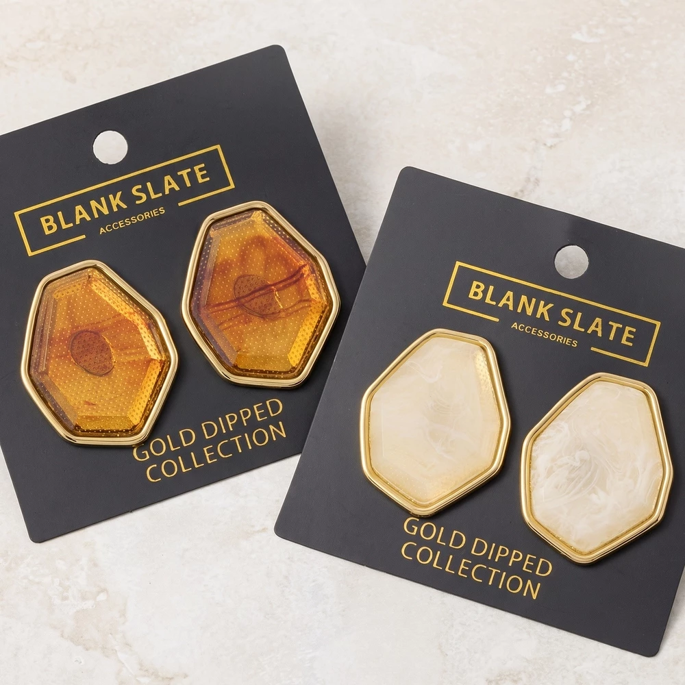 Gold Dipped Marbled Hexagon Cabochon Stud Earrings