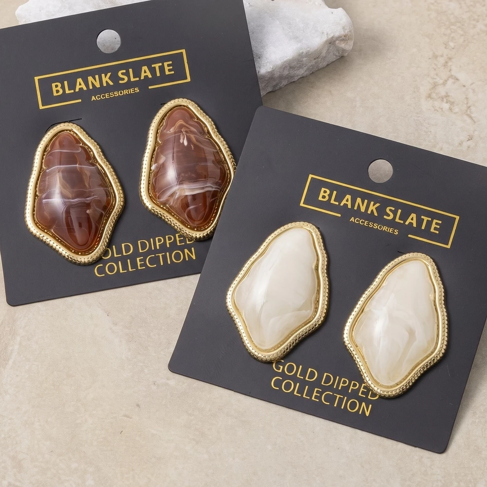 Gold Dipped Marbled Beaded Teardrop Cabochon Studs