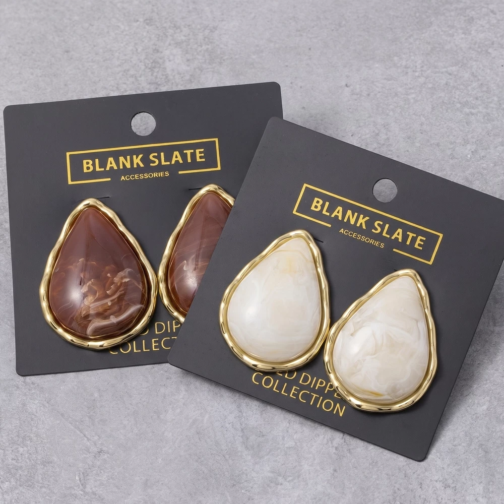 Gold Dipped Marbled Pear Cabochon Stud Earrings