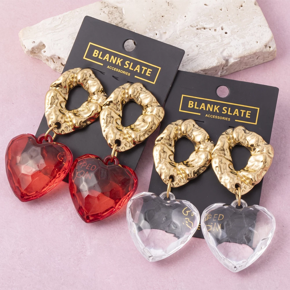 Gold Dipped Hammered Hoop Faceted Heart Drop Earrings