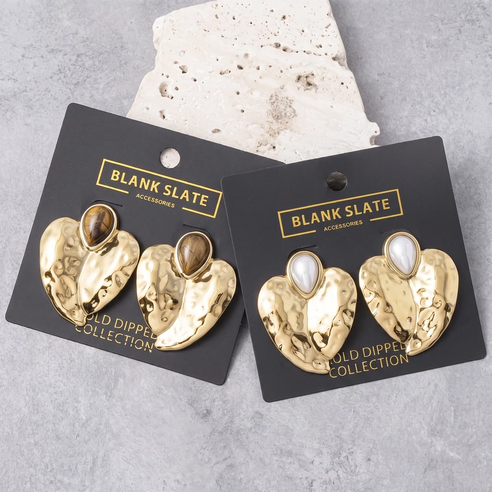 Gold Dipped Hammered Heart Cabochon Stud Earrings