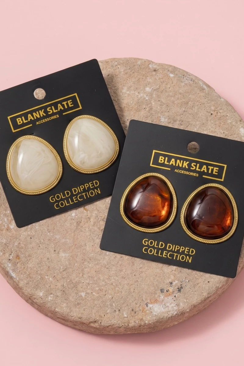 Gold Dipped Tortoise Cabochon Stud Earrings