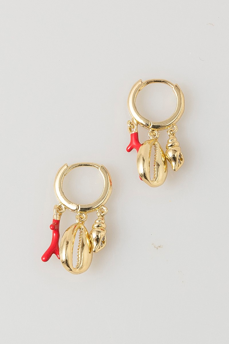 Sea Shells And Enamel Coral Charms Hoop Earrings