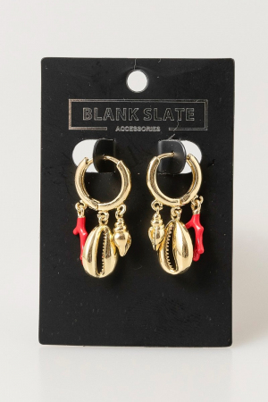 Sea Shells And Enamel Coral Charms Hoop Earrings