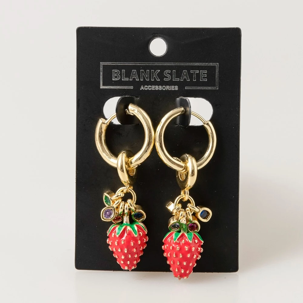 Enamel Strawberry And Mini Gem Charms Hoop Earrings