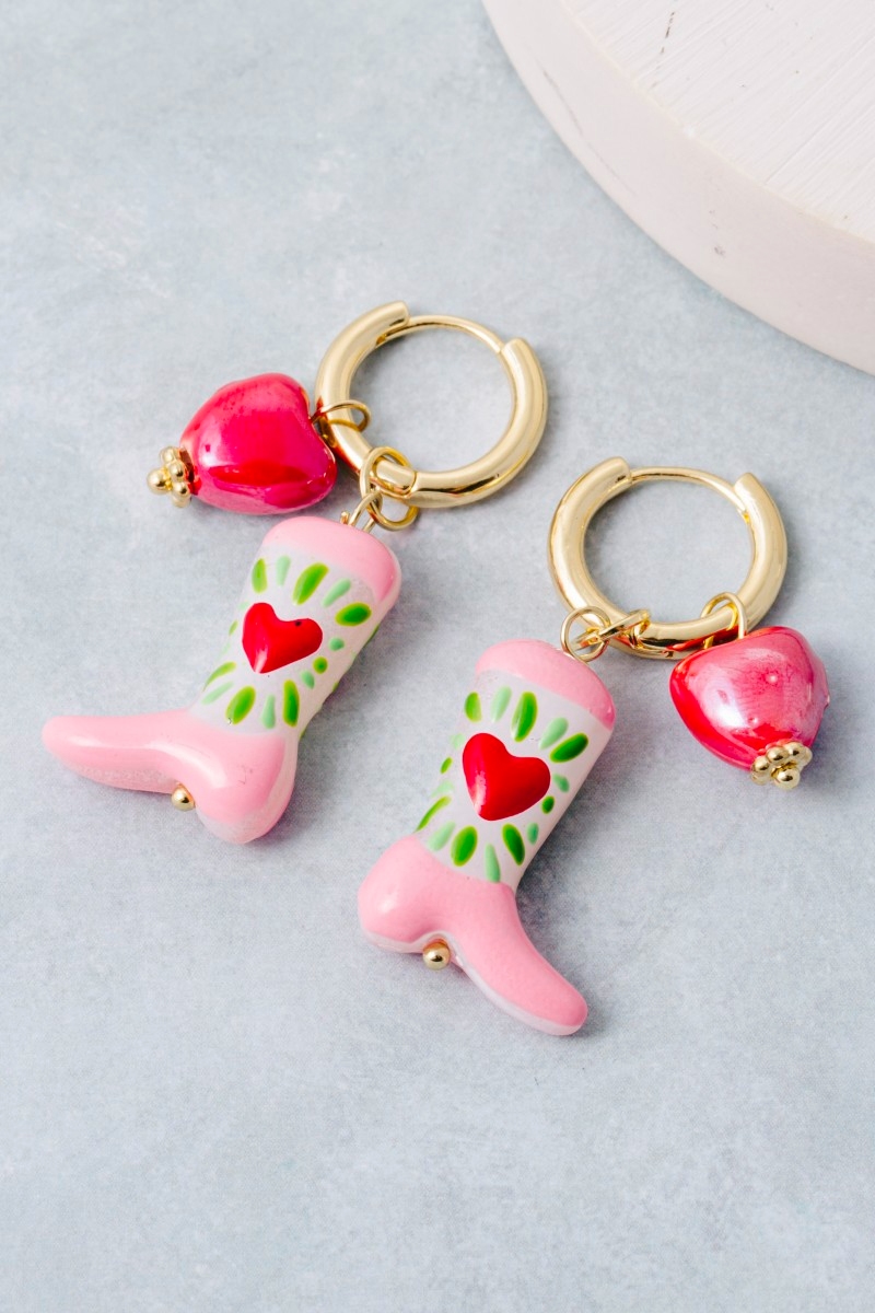 Western Cowboy Boots And Heart Charms Hoop Earrings