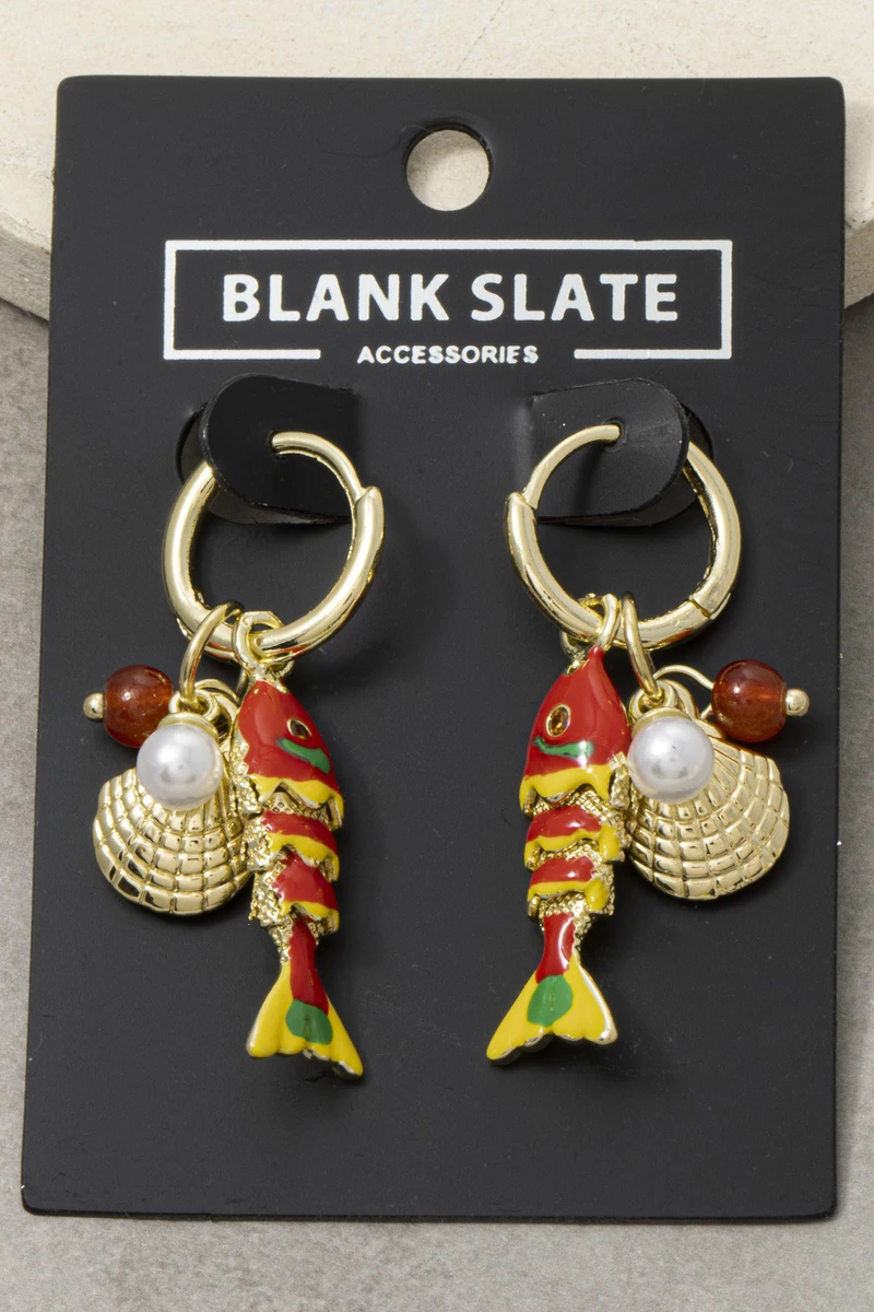 Enamel Koi Fish And Shell Charm Huggie Earrings