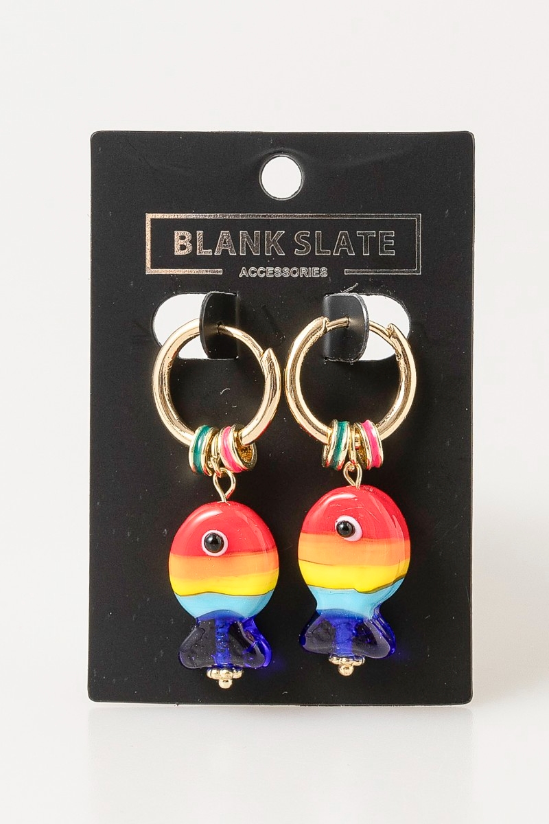 Rainbow Fish And Ring Charms Hoop Earrings