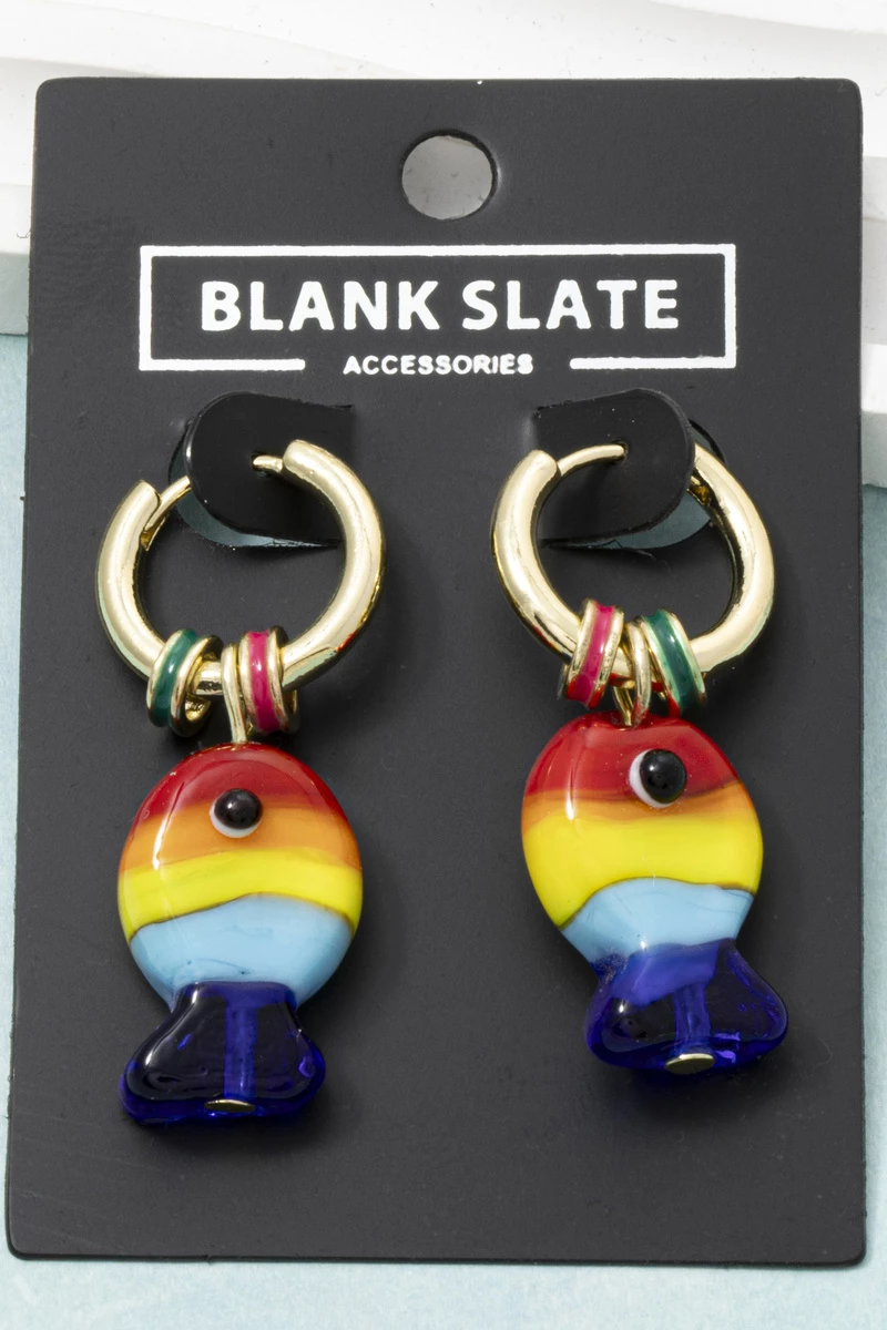 Rainbow Glass Fish Charm Huggie Hoop Earrings