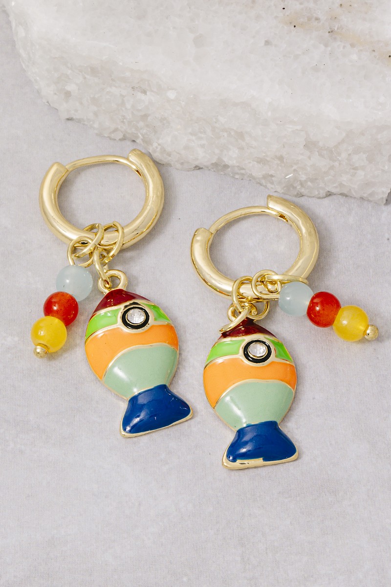 Enamel Stripe Fish And Bead Charms Hoop Earrings