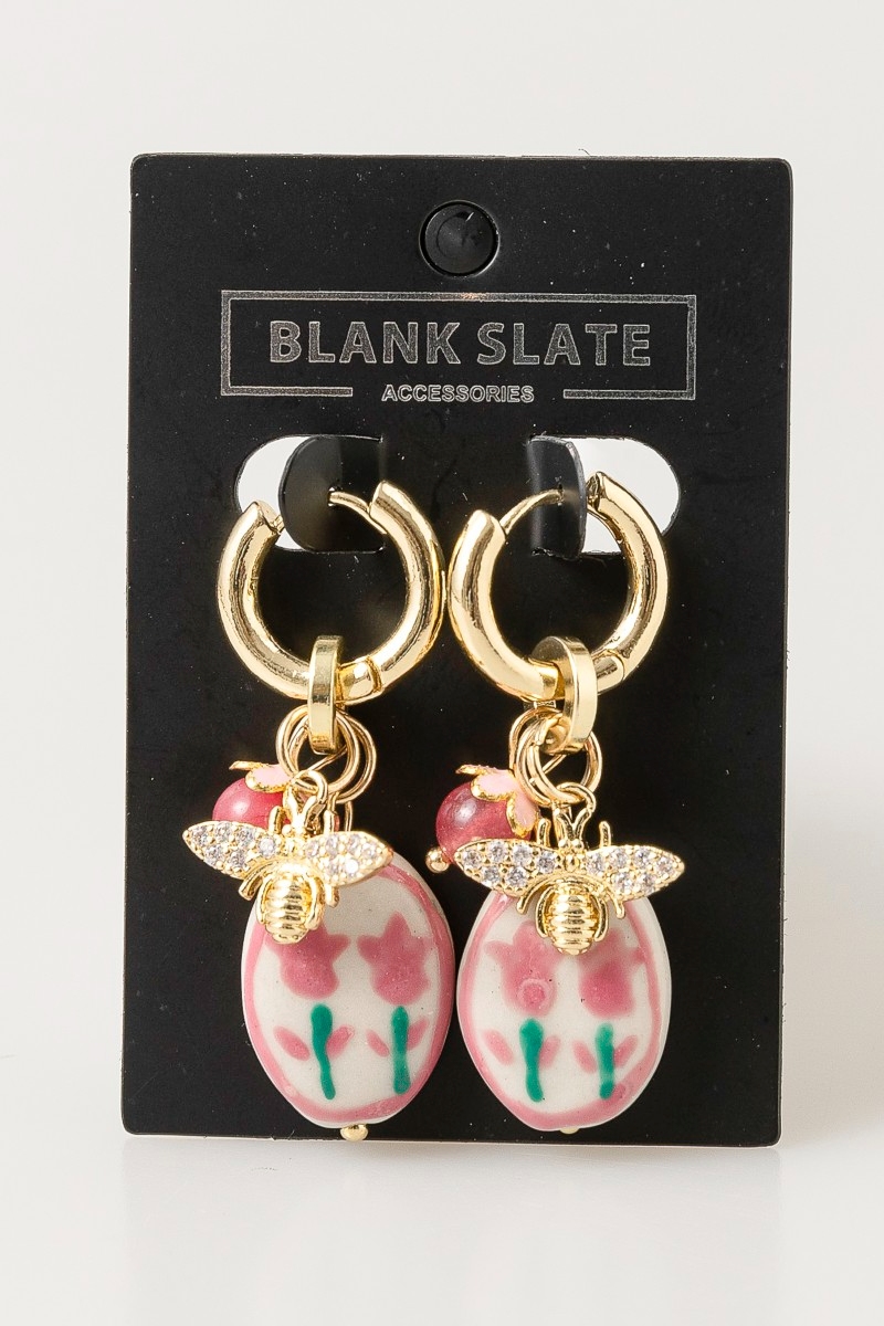 Bee And Floral Ceramic Charm Hoop Earrings