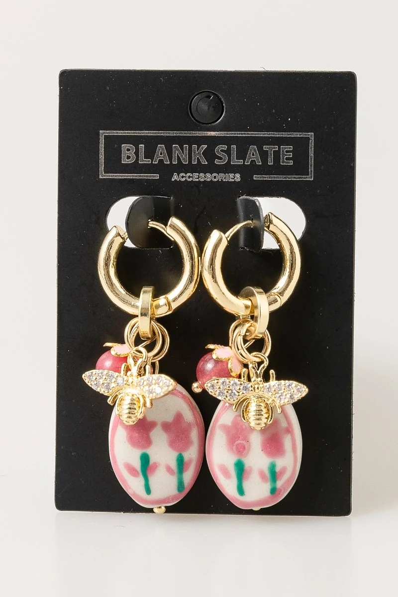 Bee And Floral Ceramic Charm Hoop Earrings