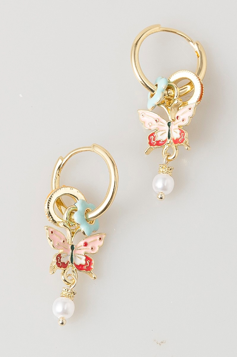 Enamel Butterfly And Flower Ring Charms Hoop Earrings