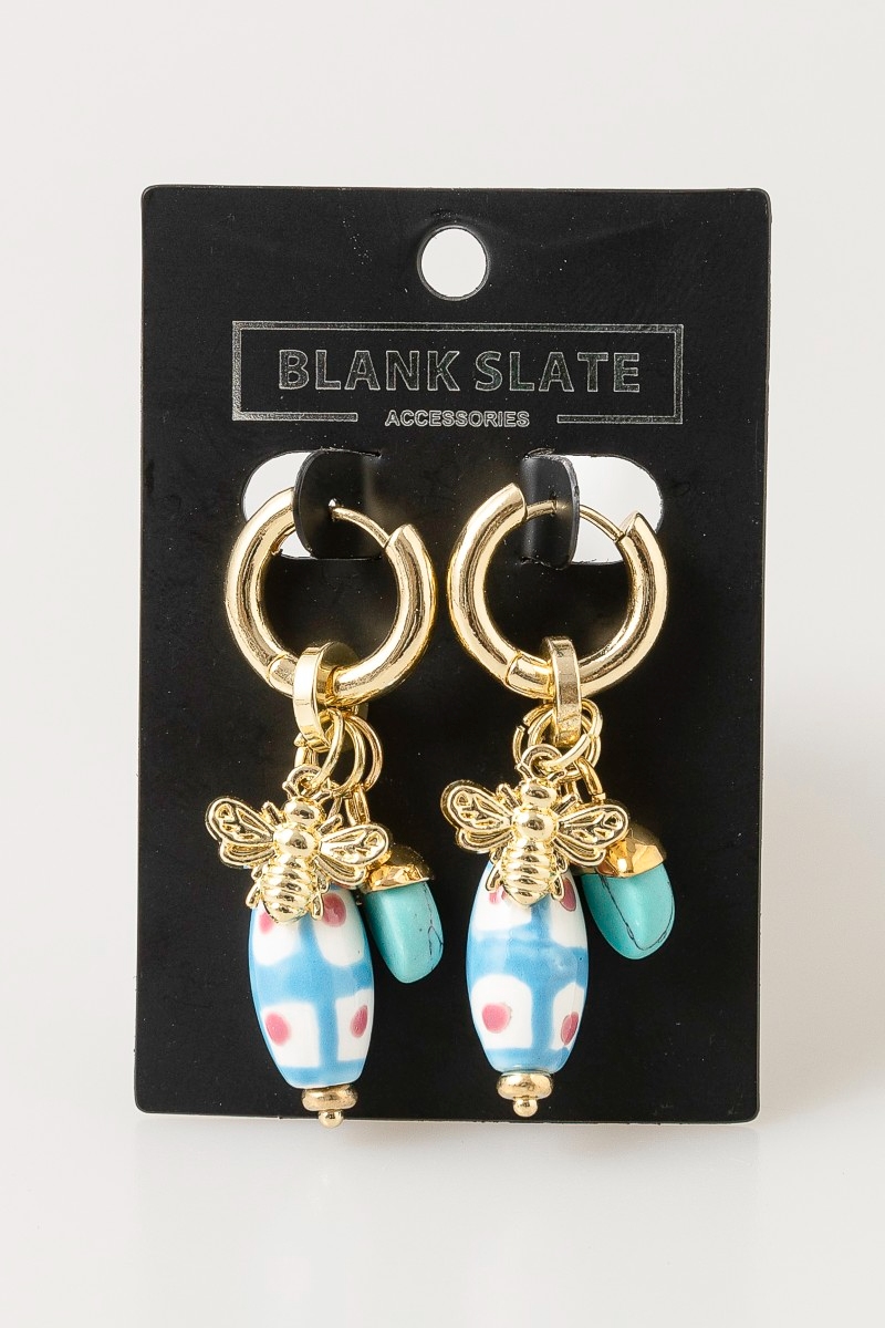 Bee And Turquoise Stone Charm Hoop Earrings