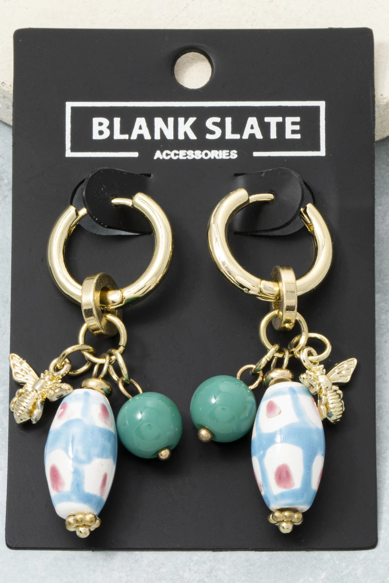 Porcelain Bead And Bee Charm Huggie Earrings