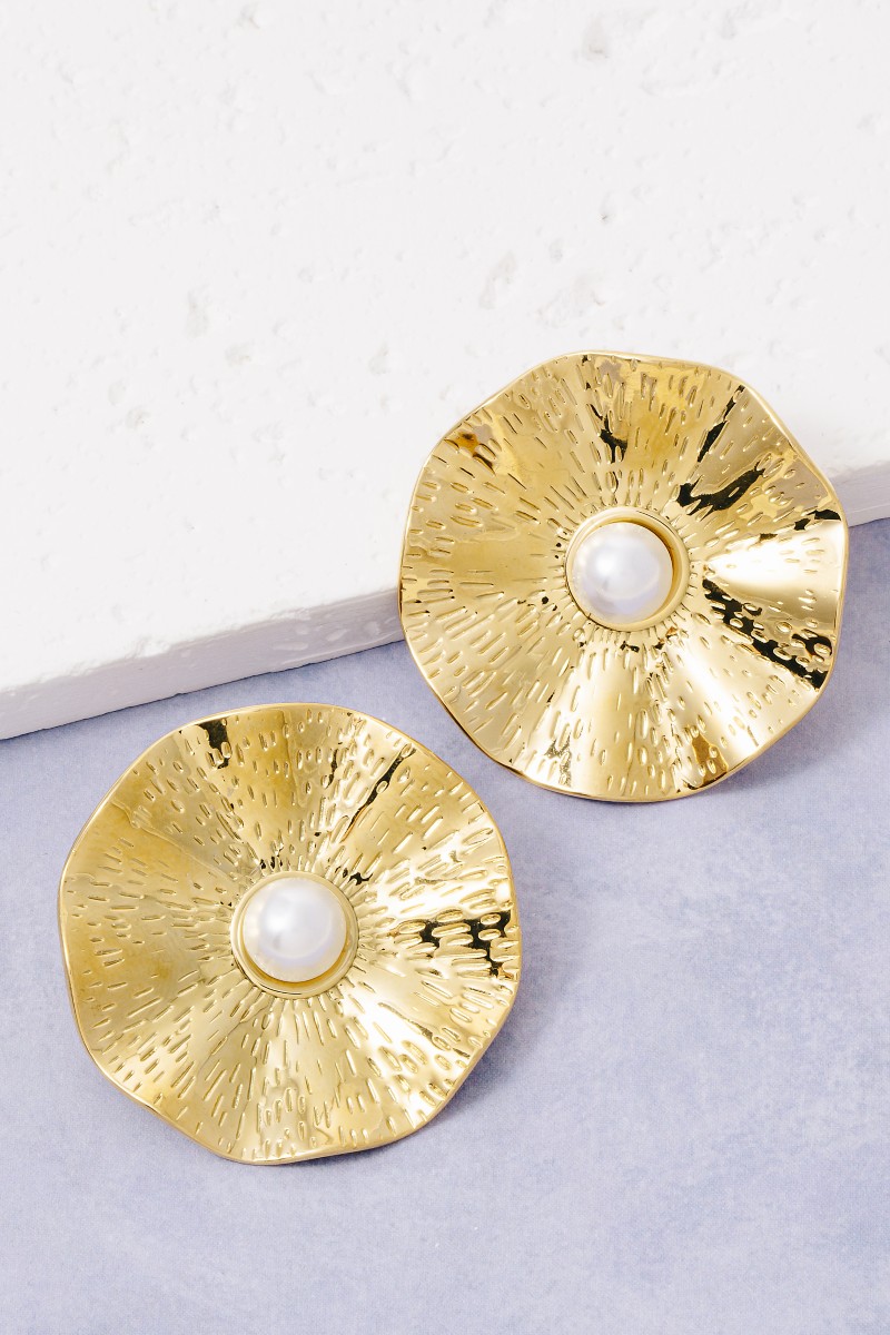 Gold Dipped Pearl Stud Wavy Disc Large Stud Earrings
